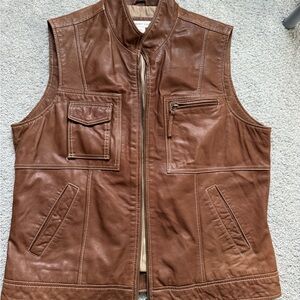 Coldwater Creek Womens Tan Leather Vest Front Zip‎ 4 pockets Size Medium